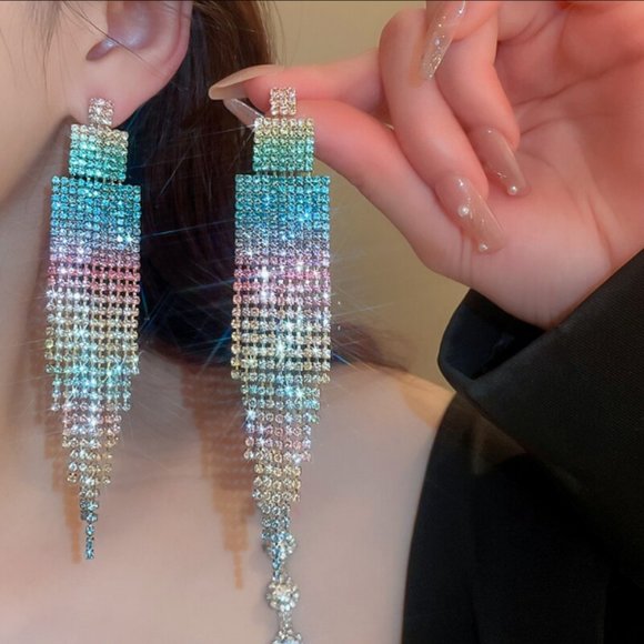 🍏50% OFF/3+...Colorful Rhinestone Tassel Earrings (Rainbow) - Picture 3 of 5